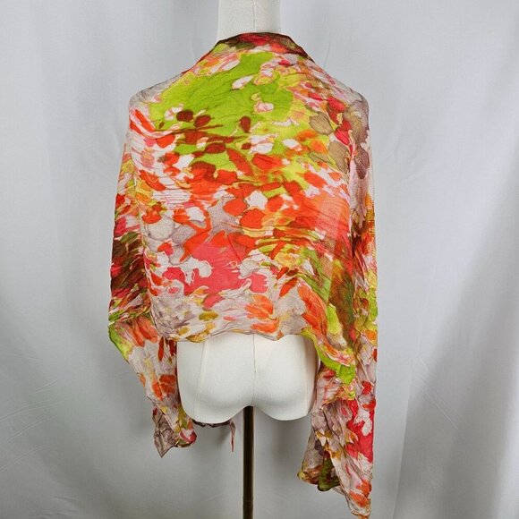 Floral Sheer Wrap Scarf/Shawl Vibrant Lightweight Orange Green - Picture 2 of 5